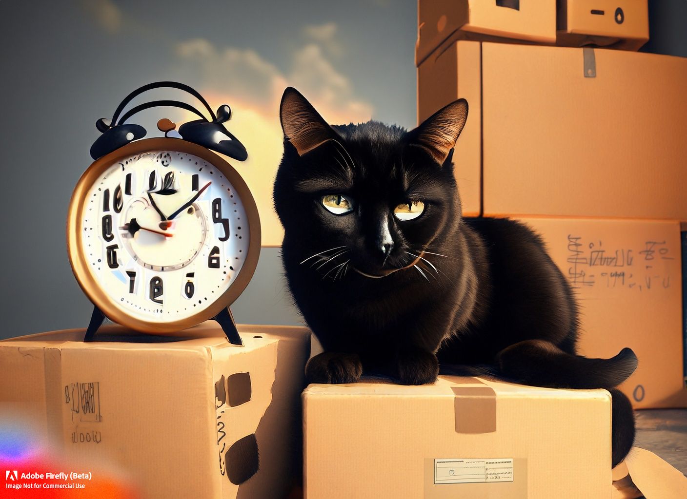 An AI generated image of a black cat sitting on moving boxes with a clock.