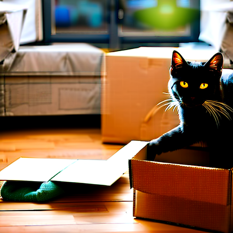 An AI generated image depicting a black cat sitting on moving boxes in a suburban living room.